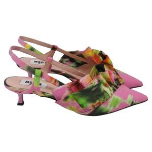MSGM Floral Ruffle Slingback Kitten Heels in Multicolor Satin